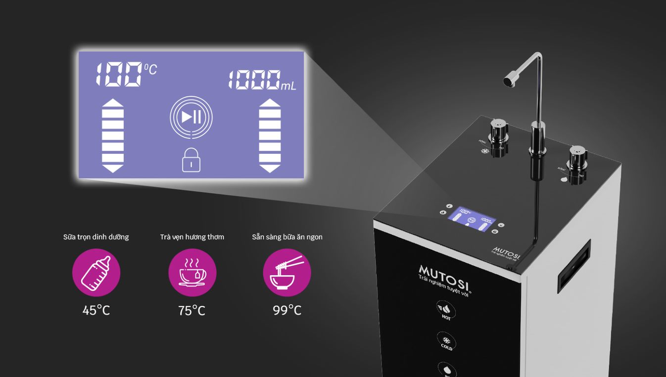 Máy lọc nước nóng lạnh Mutosi cung cấp nhiều mức nhiệt khác nhau, phù hợp với mọi nhu cầu của các thành viên trong gia đình